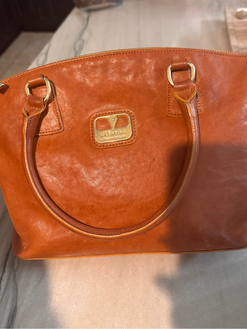 Valentina Leather Shoulder Bag in Cognac Brown with Gold Hardware